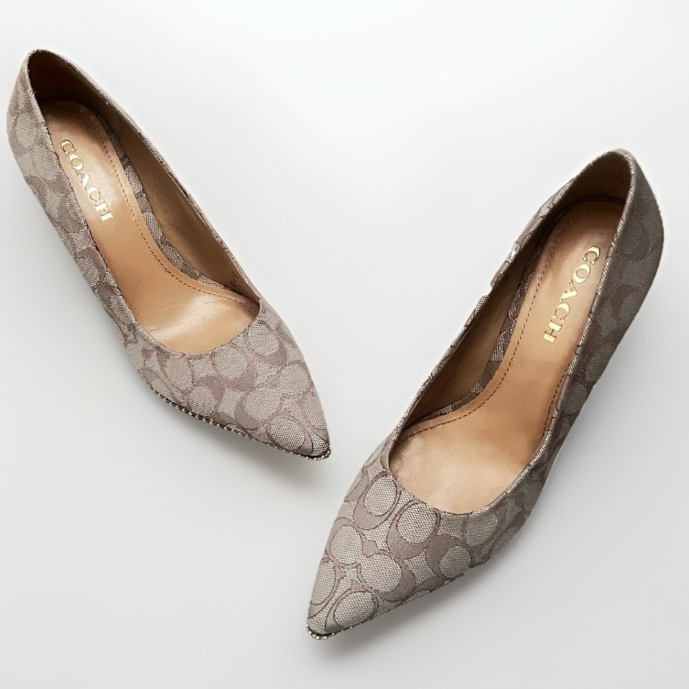 COACH Waverly Pointed Toe 3.25”Pump Designer Heels Womens Sz 9.5 Beige Monogram - Picture 6 of 14